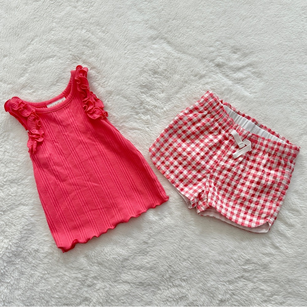 Cat & Jack Gingham Shorts and Ruffle Tank 2 Piece Set Pink White Size 18 Months